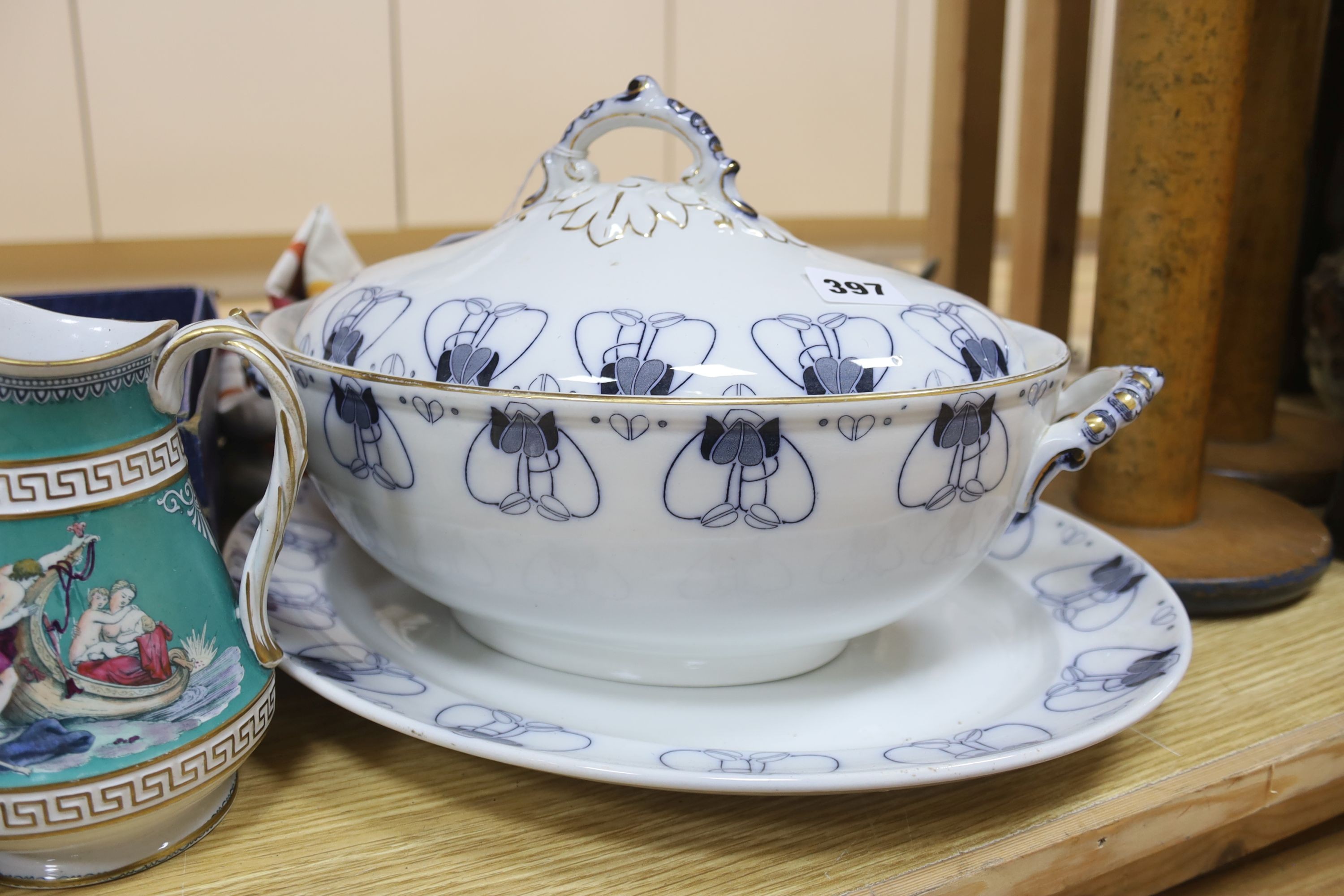 A childs 1960's tea set, blue and white tureen stand, Religious carving, 1960's/70's fabric and Venetian vase etc